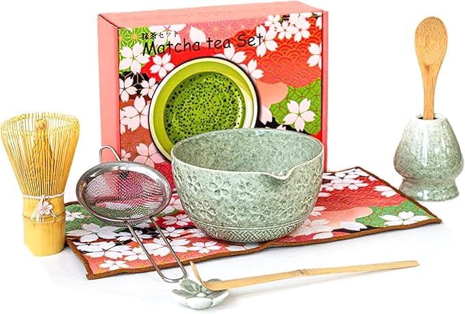 Matcha Whisk and Bowl Set, 8 PCS Matcha Kit Includes Bowl with Spout, Whisk,Holder,Bamboo Scoop and Sifter, Unique Gift for Matcha Lovers (Green)