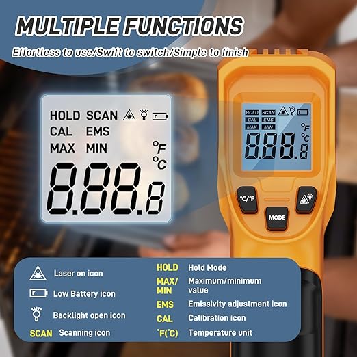 Infrared Thermometer Laser Temperature Gun with Cal Calibration, -58℉ to 1112℉, for Cooking, Oven,Meat Food,HVAC,Appliance（Yellow）