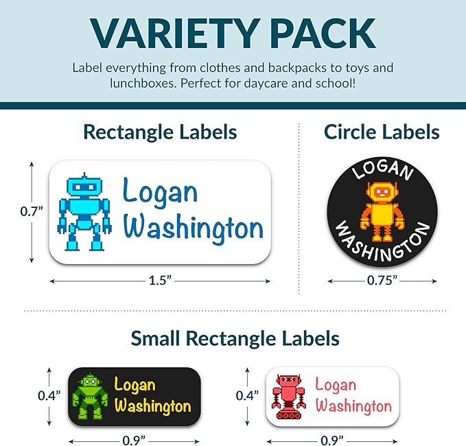 Personalized Waterproof Name Labels for Kids | Optional Packs 50, 150, 230 Labels | Custom Name Stickers for Kids' Clothing Tag, Water Bottle, Lunch Box, Customize Kid Name Label for Daycare Robots