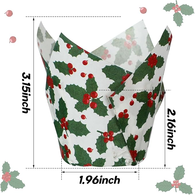 Uiifan 200 Pcs Holly Christmas Tulip Cupcake Liners Christmas Cupcake Wrappers Holly Muffin Liners Holders Tulip Wrappers for Party Decoration