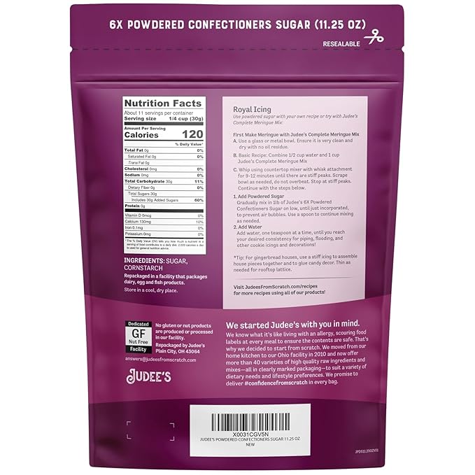 Judee’s 6X Powdered Confectioners Sugar 11.25 oz - 100% Non-GMO, Gluten-Free, and Nut-Free - 6X Size Perfect for Icings, Frostings, and Dusting Baked Goods
