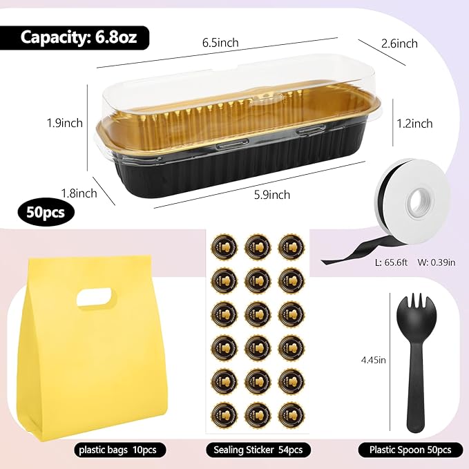 OcePor 50 Pack Mini Loaf Pans With Lids，Mini Cake Pans With Lids and Spoons，6.8oz Bread Loaf Pans Disposable，Small Aluminum Cake Tins,Baking Pans Individual (Black&Gold)