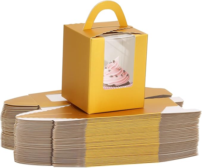 acDesign 100 Pcs Cupcake Holders Individual 3.6in*3.6in*4.3in Cupcake Boxes With Window Handle and Inserts for Bakery Wrapping Party Favor Packing(Gold)