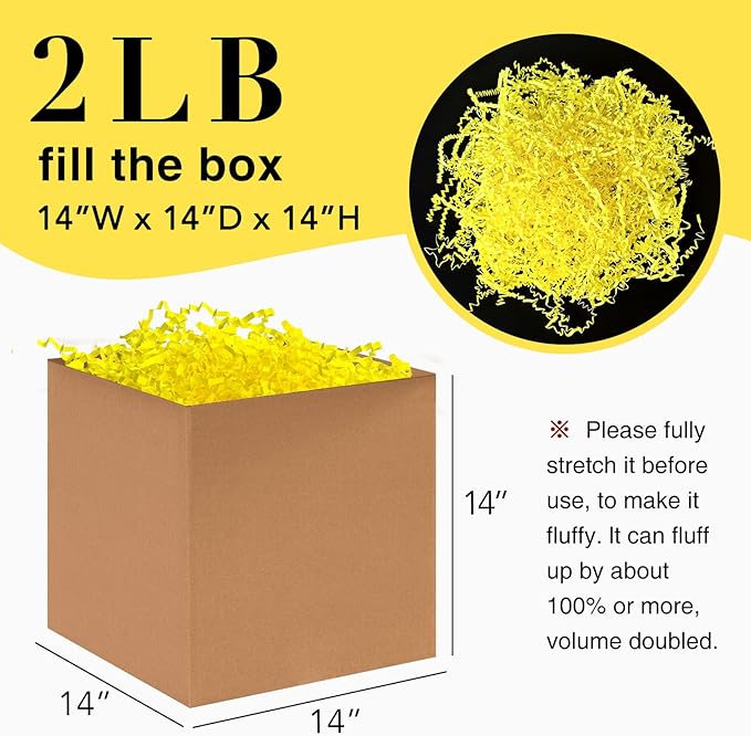 2LB Crinkle Paper Shred Filler for Bag Gift Box Basket Confetti Paper Shreded Stuffing Decorations(Yellow)