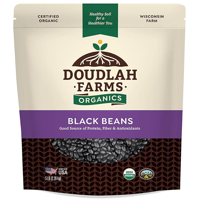 Organic Dried Black Beans 5 lb, Unsalted, Low-Sodium, Non-GMO, Farmed From Regenerative Soil, Tested Clean Certified – Rich in Fiber & Protein – Perfect for Soups, Burritos, Salads & Chili by Doudlah Farms