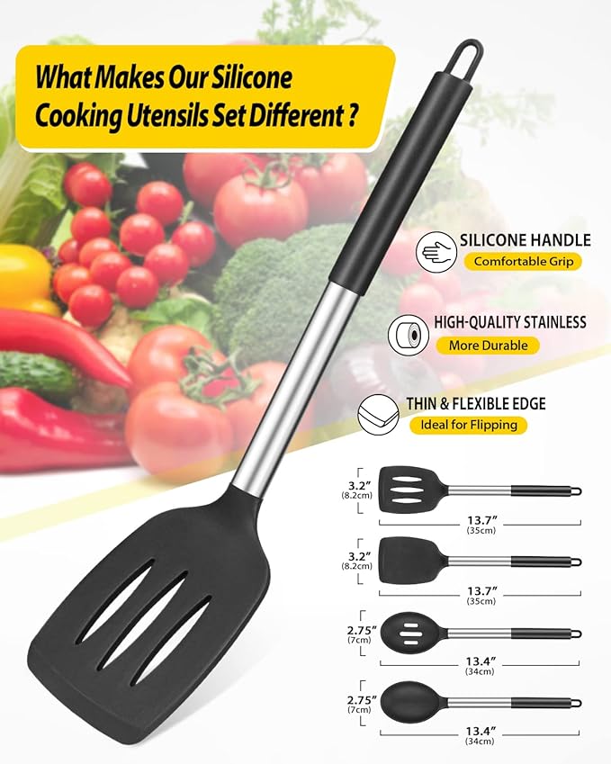 Pack of 4 Silicone Cooking Utensils Set, Non Stick Large Solid Spatulas, Heat Resistant Black Slotted Spoons, Ideal BPA Free Kitchen Turners for Frying, Mixing,Serving,Draining,Turning,Stirring