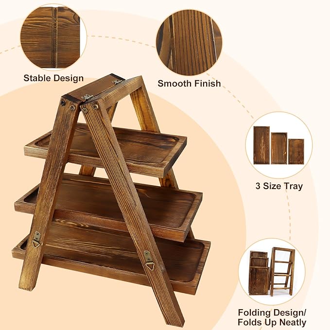 3 Tier Cupcake Stand with Swing and Flower,Wooden Cupcake Display Stand Set,Removable Trays and Foldable Stand for Cake Snack Fruit Chips Bread, Table Display at Birthday Wedding Party Home Decor