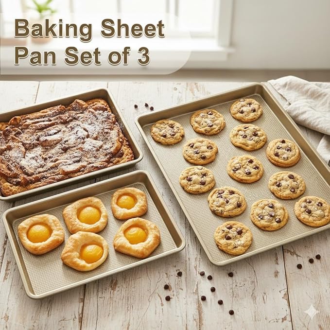 Baking Sheet Baking Pan Set of 3, Nonstick Cookie Sheets for Baking Supply, 17.8''/14.8''/12.8'' Carbon Steel Half/Jelly Roll/Quarter Baking Tray with Diamond Texture, Heavy Duty Cookie Tray