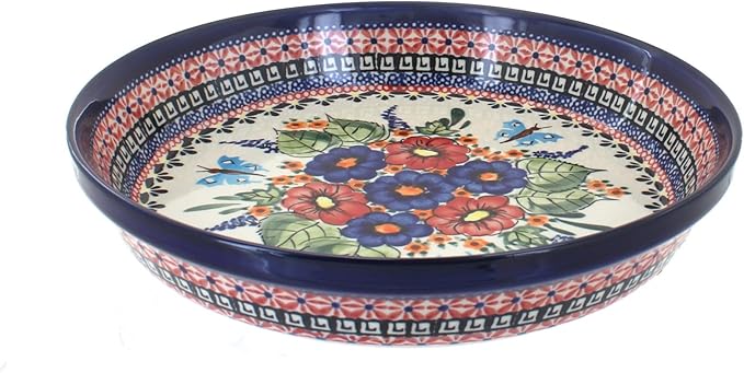 Blue Rose Polish Pottery - Red Floral Butterfly Pie Plate - 9.75" Diameter - Ceramic Baking Dish, For Pies, Quiches & Desserts