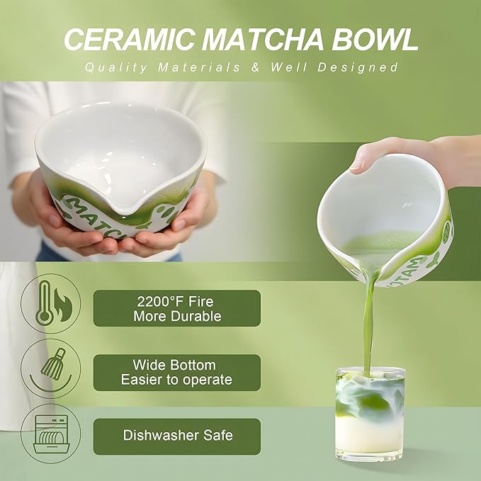 Matcha Whisk Set 7 Pcs Ceramic Matcha Set Includes Matcha Bowl, Matcha Whisk and Holder, Bamboo Scoop, Scoop Rest, Sifter and Tea Towel - Matcha Kit for Matcha Lovers