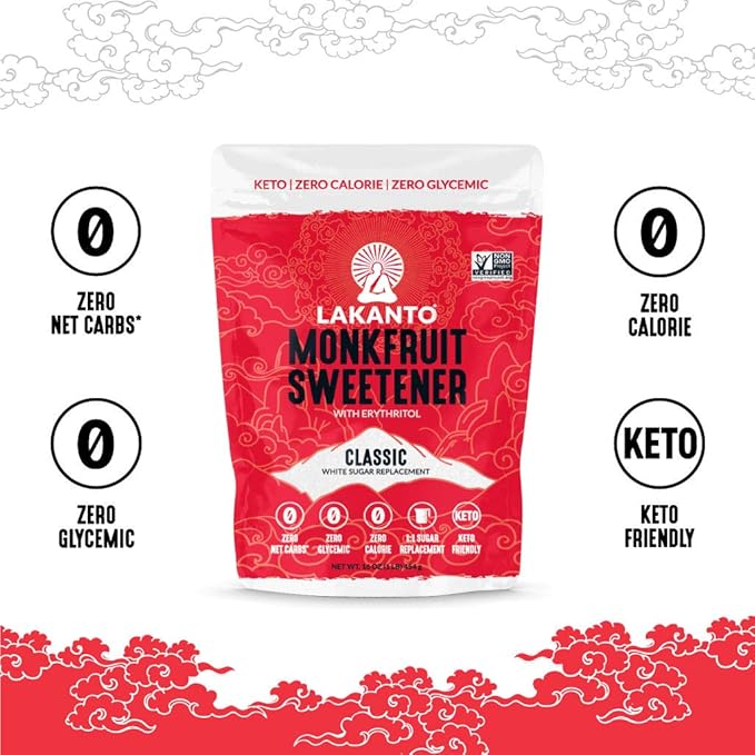 Lakanto Monk Fruit Sweetener With Erythritol, White Sugar Substitute From Monk Fruit Extract, Classic White Sugar Replacement for Baking, Coffee & Tea, Gluten Free, Low Carb, Non GMO, Keto, 1 LB Bag