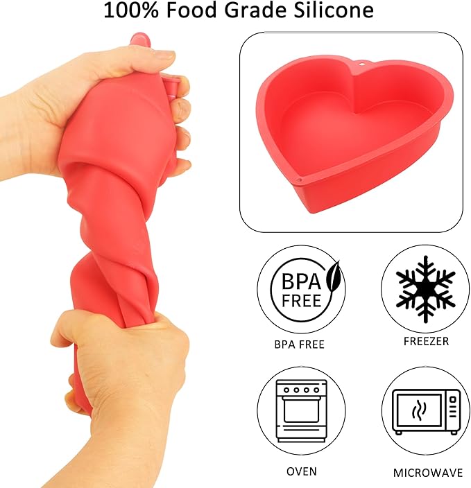 MILIVIXAY 2PCS Heart Shaped Cake Pans, 10 Inch Cake Mold, Red, Thick Style, Completely Non Stick, Food Grade Silicone, Easy To Store and Wash, Microwave, Freezer and Oven Safe.