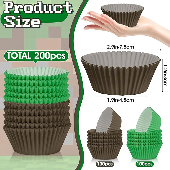 200PCS Brown and Green Cupcake Liners Mini Muffin Baking Cups Wrappers for Green and Brown Birthday Party Supplies Disposable Pastel Cupcake Papers for Botanical Garden Tea Party Decorations