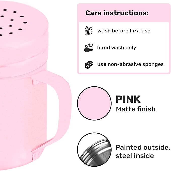 CUSINIUM 6oz Pink Stainless Steel Salt Pepper Dredge Shakers - With Plastic Cap - With Handle - Pack of 2