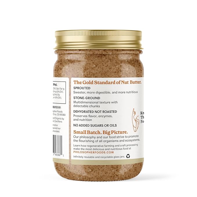 Philosopher Foods - Naked Crunchy Organic Sprouted Almond Butter - 16 oz - Stone Ground Regenerative Organic Crunchy Almond Nut Butter No Sugar Added