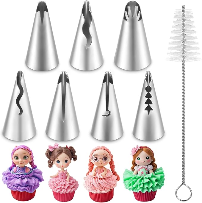 7PCS Pleated Skirt Piping Tips with Cleaning Brush, 430 Stainless Steel Frosting Tips Cake Decorating Tip Icing Tip Nozzle Tool for Pastry Bags Cupcakes Cake Decorating