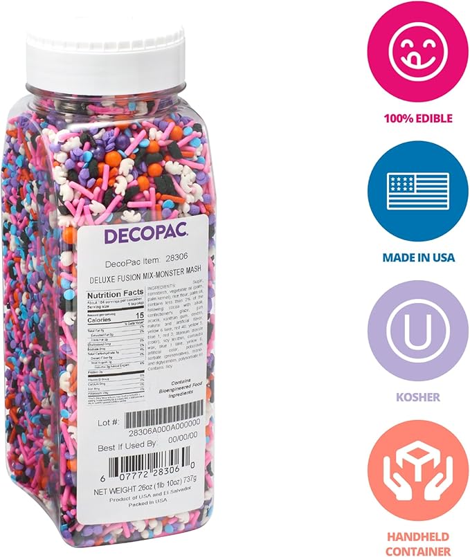 DECOPAC Monster Mash Deluxe Fusion Mix, 26oz, Fancy Candy Sprinkles in Handheld Container, Edible Sprinkles For Celebration Cakes, Cupcakes, Cookies and Donuts, Multicolored - Orange, white and black