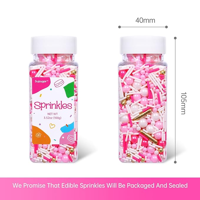 Pink Sprinkles for Cake Decorating, 3.52oz Pearl Sprinkles for Ice Cream Cupcakes Toppings Baking Cookies, Pink Gold Sprinkle for Valentines Weddings Princess Shower Bridal Party