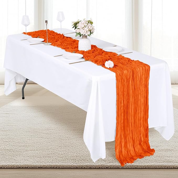 12 Pack Orange Cheesecloth Table Runner 17x108 Inch Semi Sheer Boho Gauze Cheese Cloth Fabric Table Runners, for Wedding Party Baby Shower Birthday Home Decor Garden Farmhouse