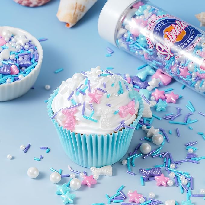 Mermaid Sprinkles for Cake Decorating – Edible Pearl & Star Sugar with Jimmies (Blue, Pink, Purple) – Ocean & Unicorn Theme Sprinkles Mix for Cupcakes, Cookies, Donuts – Birthday Party Baking Supplies