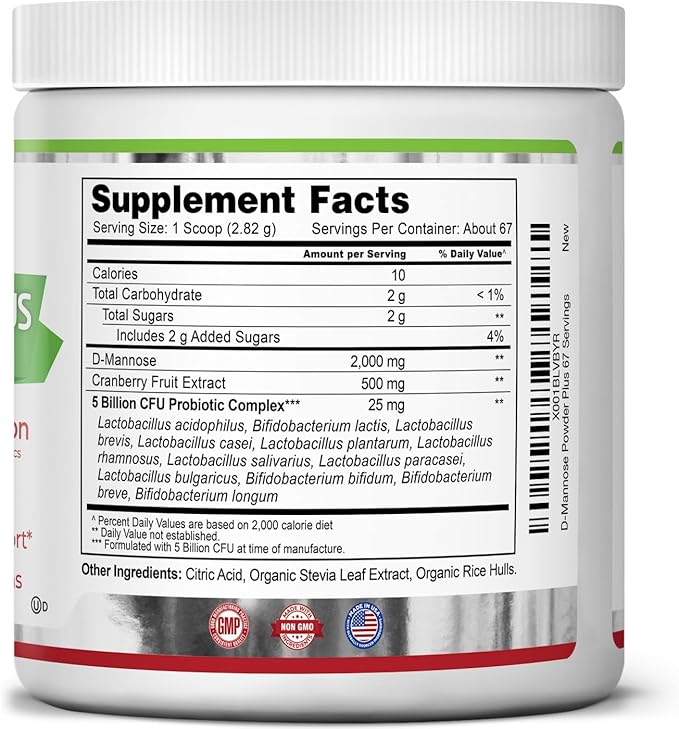 Zazzee D-Mannose Powder Plus, 2000 mg, 67 Servings, Potent & Fast-Acting, Plus 5 Billion CFU Probiotics and Pure Cranberry Juice Extract, Kosher, Free Scoop, 6.5 Oz, Gluten-Free, Non-GMO All-Natural