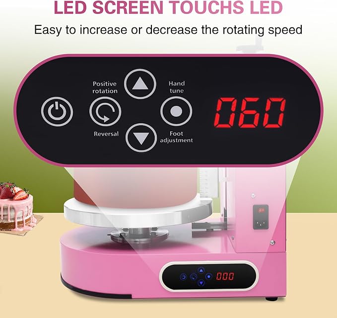 Cake Icing Machine 200W Auto Cream Spreading Machine w/LED Display, Horizontal & Vertical Spatula Adjust, Professional Cake Decorating Machine Pink Auto Frosting Turntable for 4-12 Inch Cakes