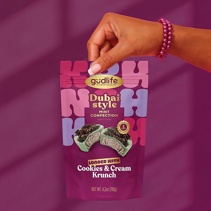 Gudlife Dubai Style Mint Confection Cookies & Cream Cups | Gourmet White Chocolate Candy with Cool Mint and Crunchy Cookies | 4.2oz Bag | 8 Mini-Cups