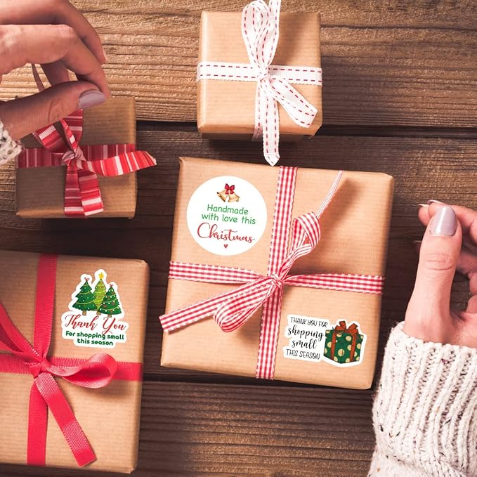 240 PCS Handmade With Love This Christmas Stickers for Small Business Envelopes, Packages, Goods, Bags - Cute Christmas Theme Shop Seals