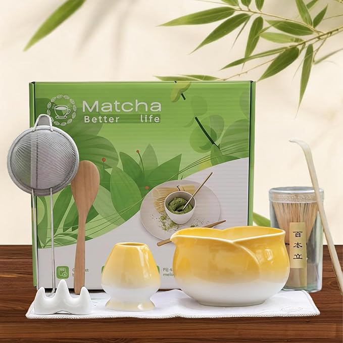 8 Pcs Matcha Whisk Set Chasen Matcha Whisk Bamboo Bowl with Spout Sifter Spoon Scoop Whisk Holder Bamboo Mat Complete Matcha Making Kit (Yellow Petal)