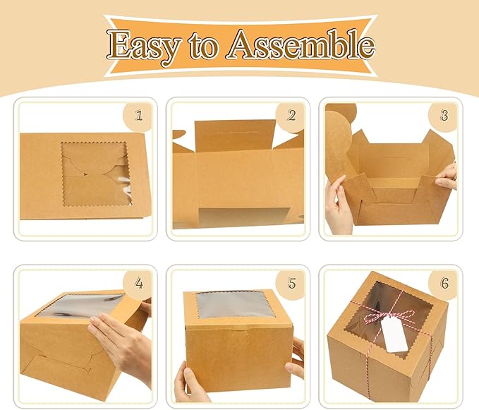 20Pcs Mini Cake Boxes with Window, 6x6x5 Inches Brown Bakery Boxes, Small 4 Cupcake Boxes, Cake Packaging for Pastries, Cookies, Chocolates, Cupcakes, Birthday Party, Wedding