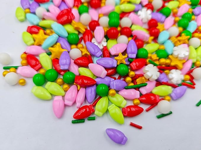 Colorful Christmas Lights & 7mm White Red Green Gold Silver Pearl Sugar Sprinkles, 4.6 oz Candy Bulbs for Cake Decorating and Cupcake Toppers, Cookie Decoration, Ice Cream Topping