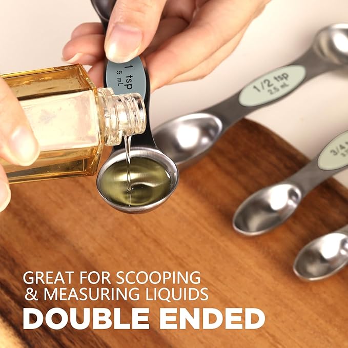 Pack of 8 Stainless Steel Magnetic Measuring Spoons Set, Dual Sided, Stackable, Adjustable Teaspoon and Tablespoon Measure Spoon with Leveler, Kitchen Gadgets