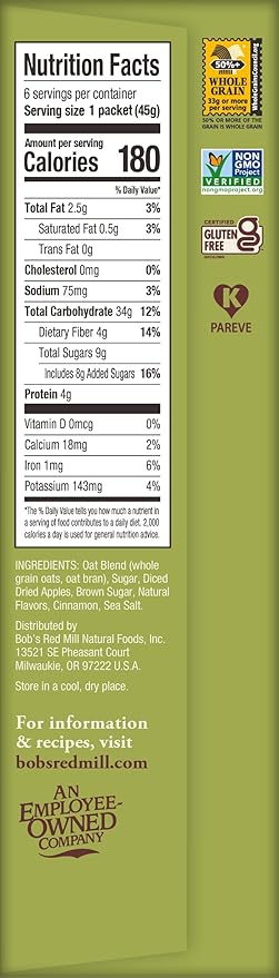 Bob's Red Mill Instant Oatmeal Packets, Apple & Cinnamon, 6 Packets Total, Non-GMO, Gluten Free, Whole Grain