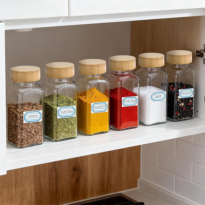 Segarty 6oz Spices Jars with Bamboo Shaker Lids, 6 Pack 180ml Square Spice Containers, Empty Glass Seasoning Organizers Spices Cereal Storage Set, Large Salt and Pepper Shakers, 7 Stickers and 1 Brush