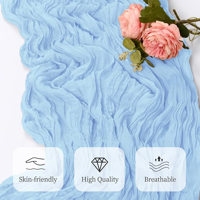6 Pack Baby Blue Cheesecloth Table Runner 17x108 Inch Semi Sheer Boho Gauze Cheese Cloth Fabric Table Runners, for Wedding Party Baby Shower Birthday Home Decor Garden Farmhouse