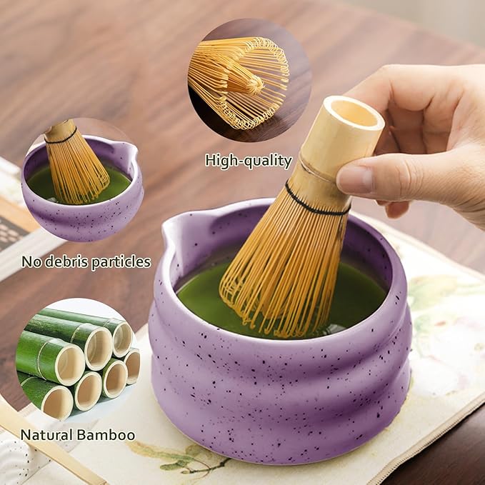 cjc 7-Pcs Matcha Whisk Set, Matcha Sets - Matcha Bowl with Spout, Bamboo Whisk and Holder, Scoop, Sifter ect.– Complete Gift for Matcha Lovers, Japanese Tea Ceremony（Pruple）