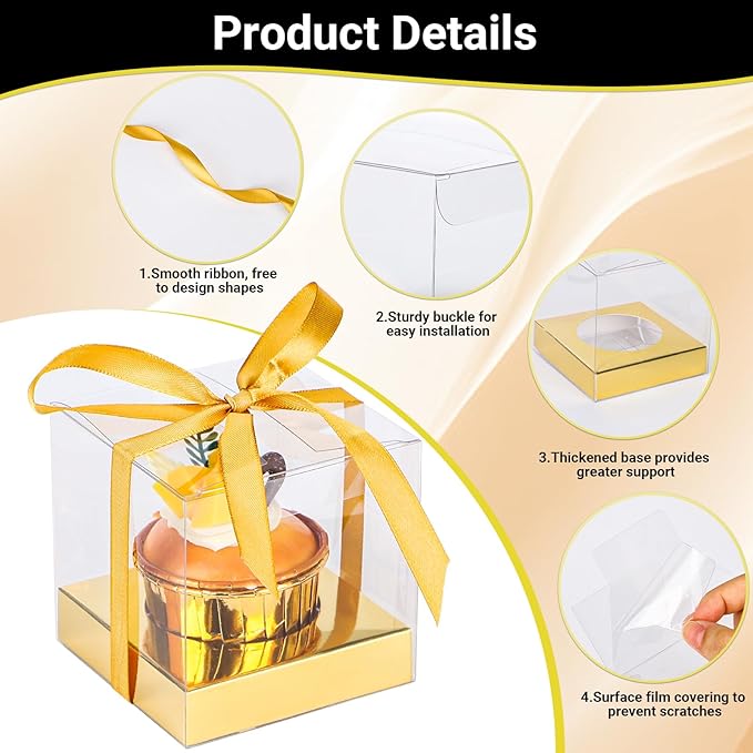 EUSOAR Disposable Clear Cupcake Containers, 50pcs 3.5 Inch Plastic Individual Cupcake Carrier with Ribbon and Inserts, Single Transparent Cupcake Holder with Lids Storage for Cake Dessert-Gold