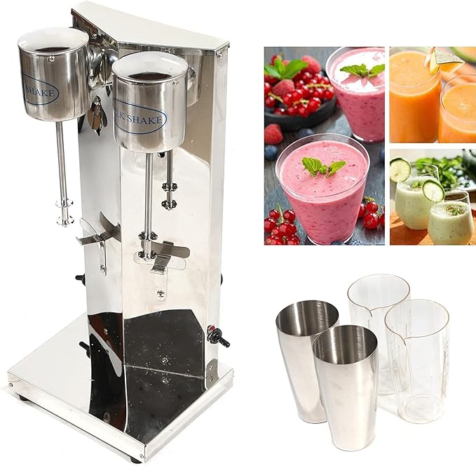 Electric Milk shaker 18000RMP Double Head Stand Mixer 180W 110V Commercial Stainless Steel Drink Mixer Machine 650ml Smoothie Malt Blender w/2Pcs PP Cup (Double Head)