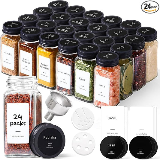 ComSaf Glass Spice Jars with Label, 24Pcs 4oz, 93 Labels, a Metal Funnel, Extra Shaker Lids, Empty Spice Containers and Square Spice Bottles for Kitchen and Seasoning