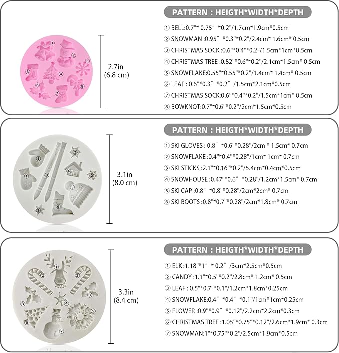 3 Pcs Fondant Silicone Molds, CNYMANY 25 Cavity 3D Christmas Sugar Craft Cake Decoration Cupcake Topper Crafting Projects Gum Paste Resin Polymer Clay Mould