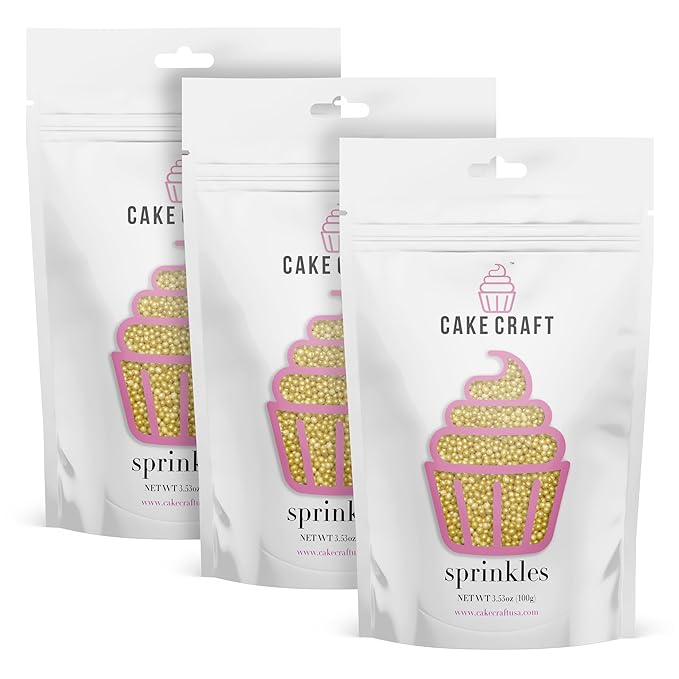 Cake Craft Gold Sugar Pearl Sprinkles – 3-Pack (100g Each) | Elegant Metallic Sprinkles for Cakes, Cupcakes, Cookies & More | Perfect for Weddings, Parties & Special Occasions