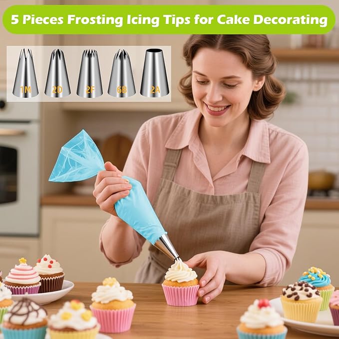 Suuker Large Piping Tips Set, Stainless Steel Cake Decorating Tips, Large Pastry Tips and Piping Bags, Frosting Icing Tips for Cupcakes, Cake, Cookie (1M 2D 2F 6B 2A)