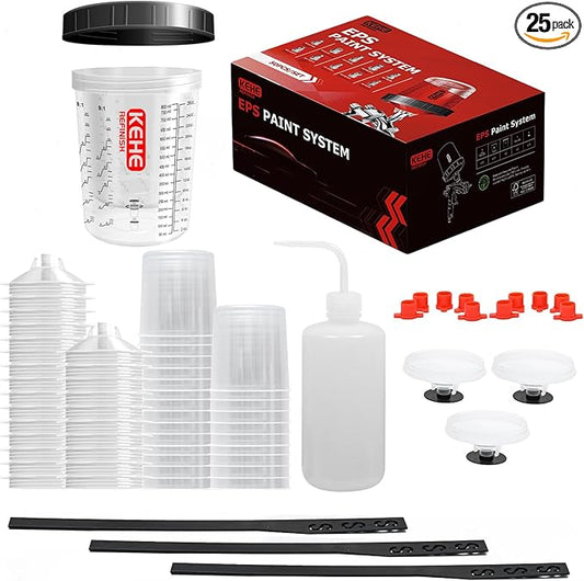 Disposable Paint Cups for Spray Gun,Mixing Cups 26 Ounce (800ml) Kit with 25 Cups and Lids with Strainer System for HVLP&LVLP,1 Hard Cup with Retainer Ring,10 Plugs,3 Caps,1 Wash Bottle