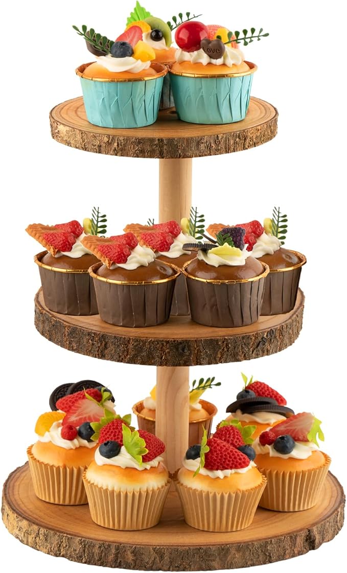 Gusnilo Rustic 3-Tier Wooden Cupcake Stand & Cake Tower – Natural Paulownia Wood Tiered Display for Weddings, Parties, Baby Showers, Holidays (Farmhouse Décor, Handcrafted Bark Design)