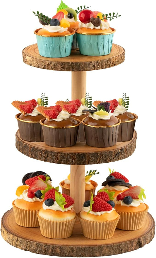 Gusnilo Rustic 3-Tier Wooden Cupcake Stand & Cake Tower – Natural Paulownia Wood Tiered Display for Weddings, Parties, Baby Showers, Holidays (Farmhouse Décor, Handcrafted Bark Design)
