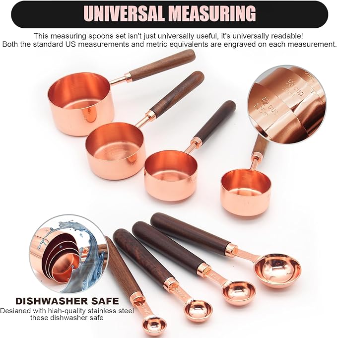 SHIKORI Gold Measuring Cups and Spoons Set with Wood Handles, Premium Stainless Steel Measuring Spoons and Measuring Cups Set-Rose Gold