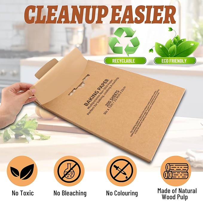 200 Pcs Parchment Paper Baking Sheets, 9"x13" Precut Non-Stick Baking Parchment Paper Sheets Bun Sheet Pan Liners.Baking Grilling Air Fryer Steaming Bread Cup Cake Cookie (Brown-9"x13")