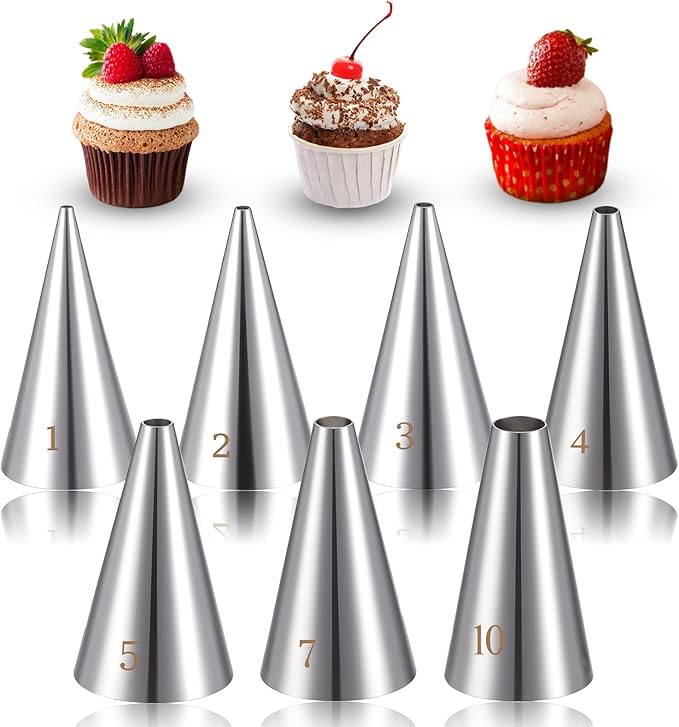 Bewudy 7 Pcs Round Hole Piping Tips Set, Stainless Steel Cupcake Frosting Nozzles Tool Professional Cake Decorating Tool for Baking Cookies Puff Doughnut Cream Bag Filler