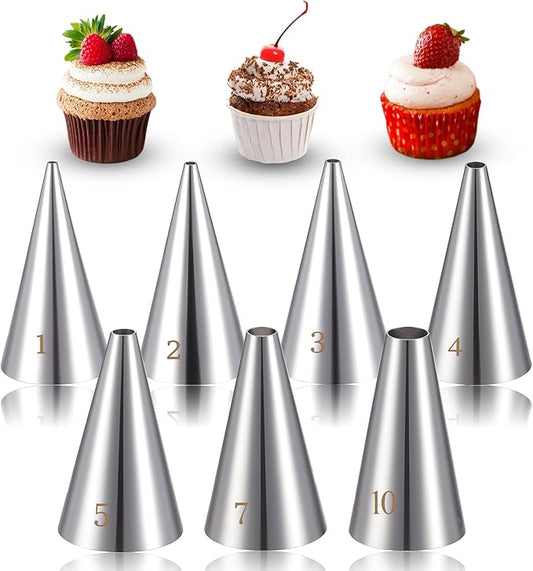 Bewudy 7 Pcs Round Hole Piping Tips Set, Stainless Steel Cupcake Frosting Nozzles Tool Professional Cake Decorating Tool for Baking Cookies Puff Doughnut Cream Bag Filler