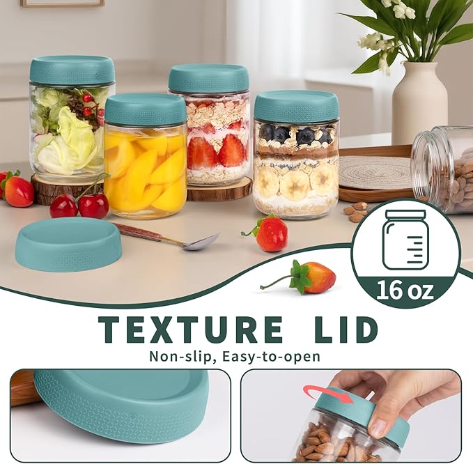 Overnight Oats Containers with Lids, Glass Storage Containers with Lids, Wide Mouth Mason Jars 16oz, Airtight Glass jars for Spice, Chia Pudding, Yogurt, Cereal, Salad Storage (6 Pack, Green)